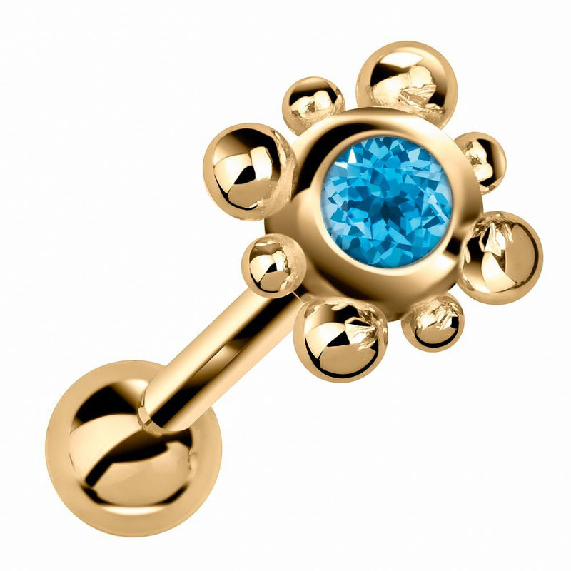 14k yellow gold beaded bezel cartilage stud with blue topaz gemstone, angled product view