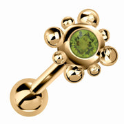 14k yellow gold beaded bezel cartilage stud with lime green peridot gemstone, angled view