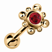 14k yellow gold beaded bezel cartilage stud with vivid red ruby gemstone, angled view