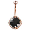 14k rose gold black onyx belly ring with cushion-cut diamond halo setting, front view on white
