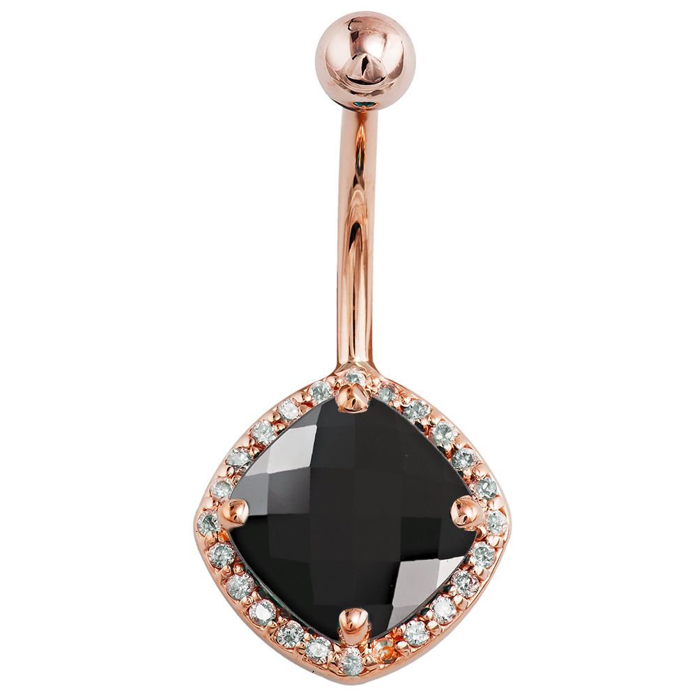 Black Onyx & Diamond Antiqued Cushion Cut 14k Gold Belly Ring-14k Rose Gold   7 16