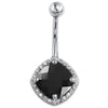14k white gold belly ring with cushion-cut black onyx and diamond halo, front view on white