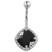 14k white gold belly ring with cushion-cut black onyx and diamond halo, front view on white