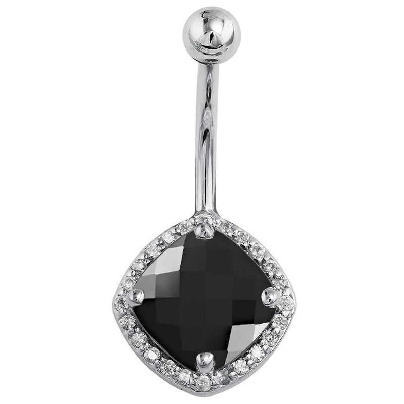 14k white gold belly ring with cushion-cut black onyx and diamond halo, front view on white