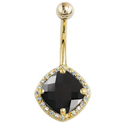 14k yellow gold black onyx navel ring with cushion-cut stone and 24-diamond halo, front view