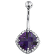 14k white gold amethyst navel ring with checkerboard-cut stone and 24-diamond halo, front view