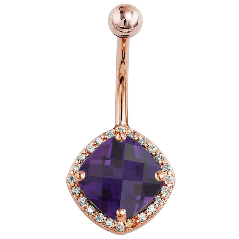 14k rose gold belly ring featuring 6mm cushion-cut amethyst with diamond halo setting, front view