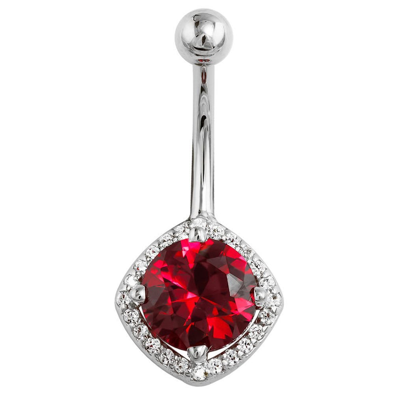 14k white gold garnet cushion-cut belly ring with diamond halo, front view on white background