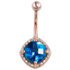 14k rose gold cushion-cut London blue topaz navel ring with diamond halo, white background front view