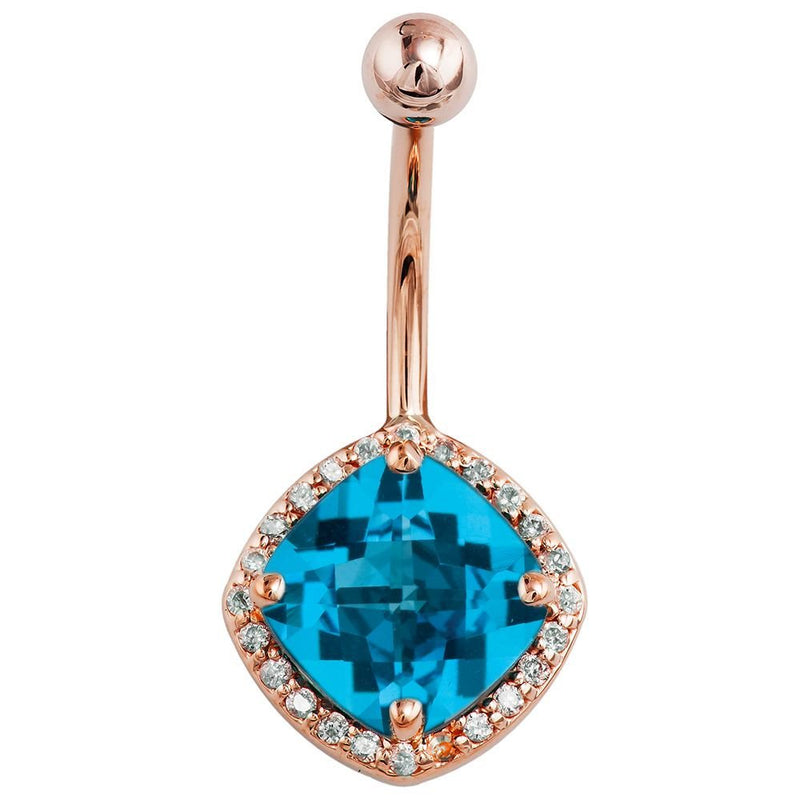 14k rose gold belly ring with Swiss blue topaz cushion stone and surrounding diamond halo, front view