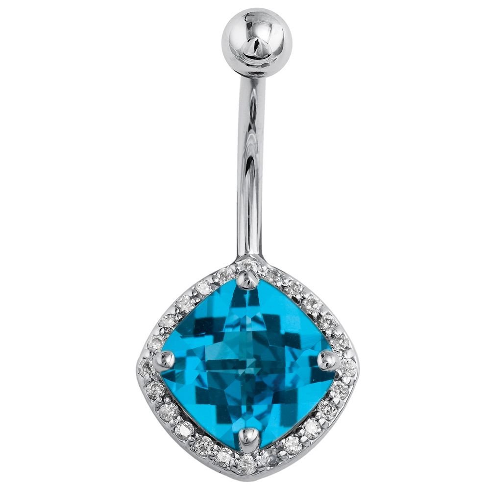 Swiss Blue Topaz Diamond 14k Gold Belly Ring-14k White Gold   7 16" (standard)