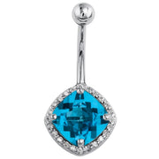 14k white gold belly ring with cushion-cut Swiss blue topaz set in diamond halo, front view