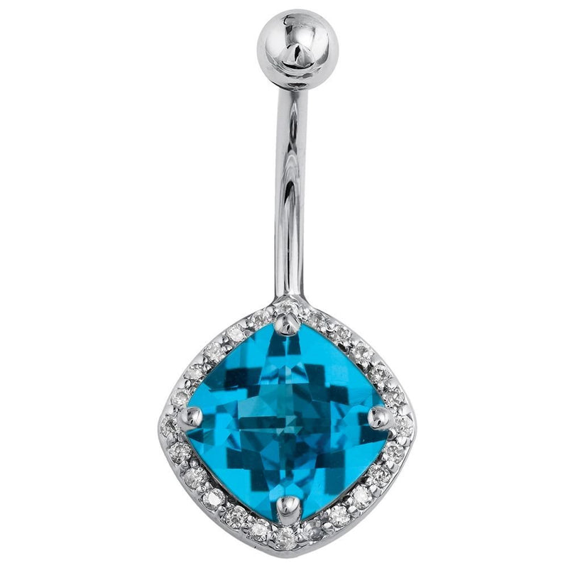 14k white gold belly ring with cushion-cut Swiss blue topaz set in diamond halo, front view