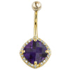 14k yellow gold belly ring with checkerboard-cut amethyst and diamond halo, front view on white background