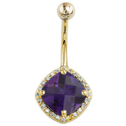 14k yellow gold belly ring with checkerboard-cut amethyst and diamond halo, front view on white background