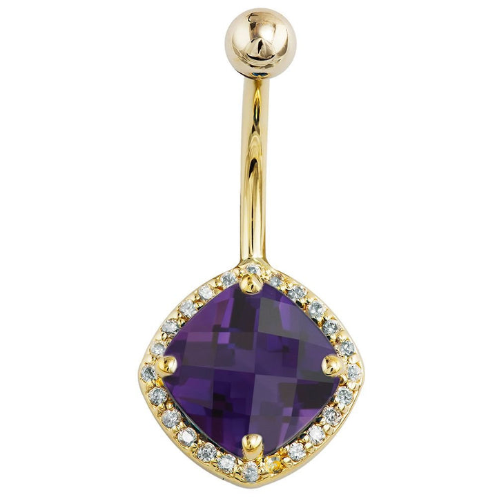 Amethyst & Diamond Antiqued Cushion Cut 14k Gold Belly Ring-14k Yellow Gold   7 16" (standard)