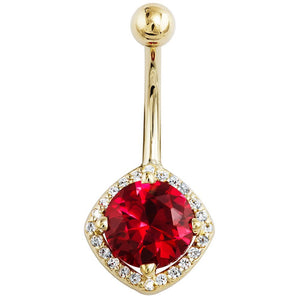 14k yellow gold garnet belly ring with cushion halo setting and 24 diamonds, front view