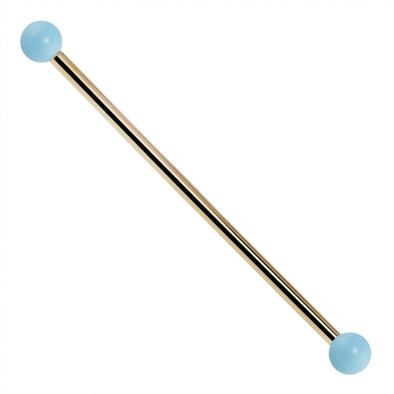 14K yellow gold industrial barbell with simulated turquoise ball ends, 14G straight barbell front view