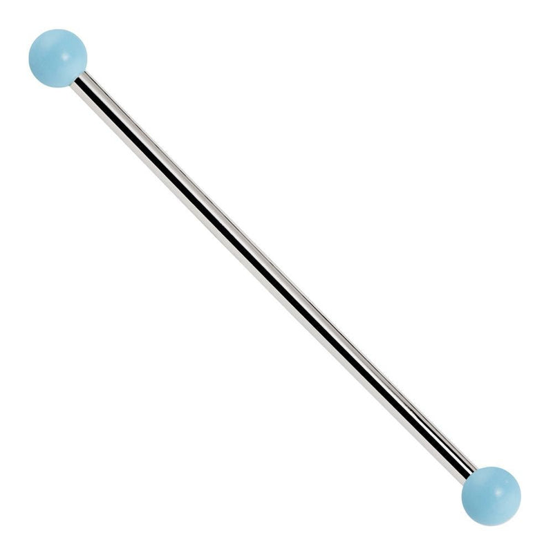 14K white gold industrial barbell with simulated turquoise ball ends, 14G polished silver-tone shaft