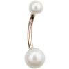 14k rose gold cultured pearl belly button ring with dual white pearls on curved barbell, front view