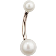 14k rose gold cultured pearl belly button ring with dual white pearls on curved barbell, front view