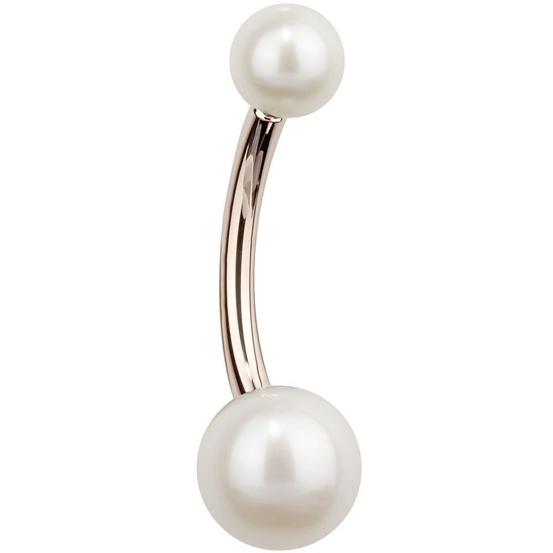 14k rose gold cultured pearl belly button ring with dual white pearls on curved barbell, front view
