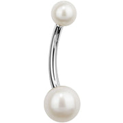 14k white gold cultured pearl belly ring with 6mm bottom and 4mm top pearl, front view