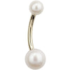 14k yellow gold cultured pearl belly ring with 6mm bottom and 4mm top white pearl, side view