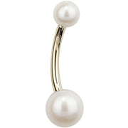 14k yellow gold cultured pearl belly ring with 6mm bottom and 4mm top white pearl, side view