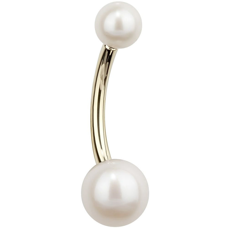 14k yellow gold cultured pearl belly ring with 6mm bottom and 4mm top white pearl, side view