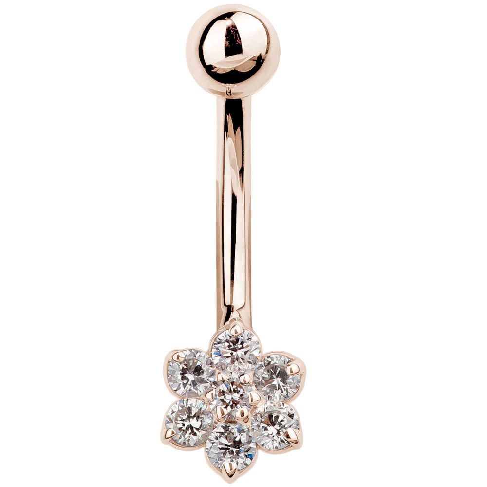 Genuine Diamond Flower Solid 14k Gold Belly Button Ring-14k White Gold   7 16" (standard)
