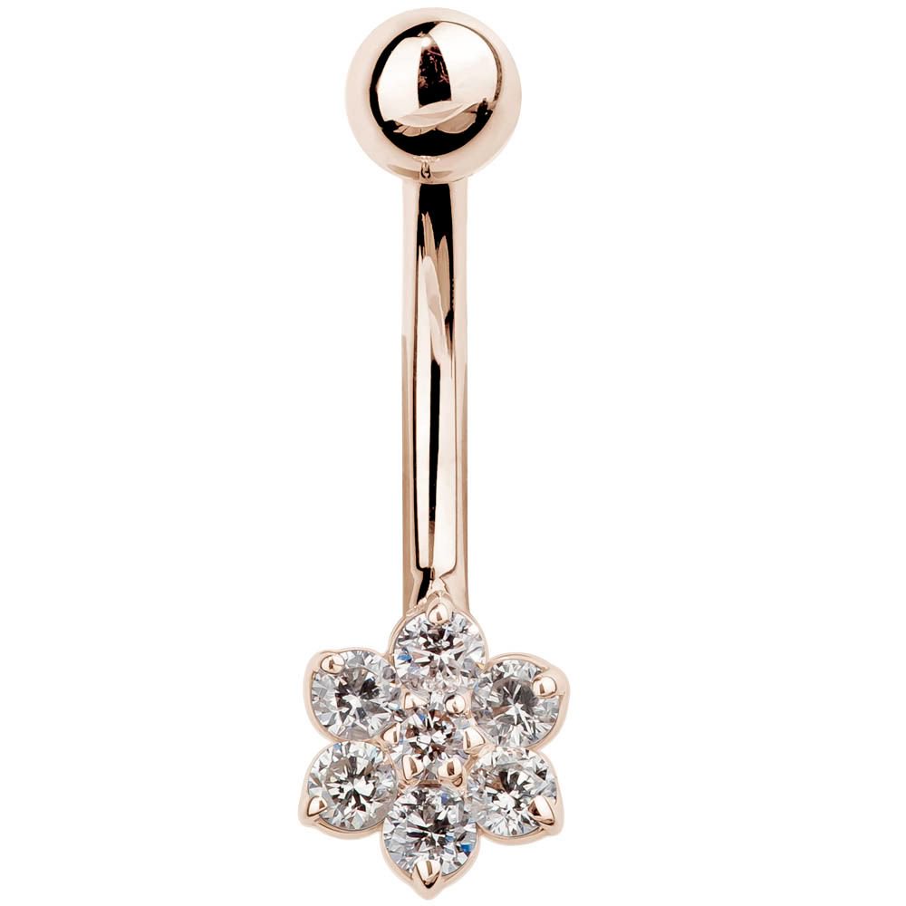 Genuine Diamond Flower Solid 14k Gold Belly Button Ring-14k Rose Gold   7 16" (standard)