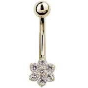 14k yellow gold diamond flower belly ring with 7-stone cluster setting, front view on white background