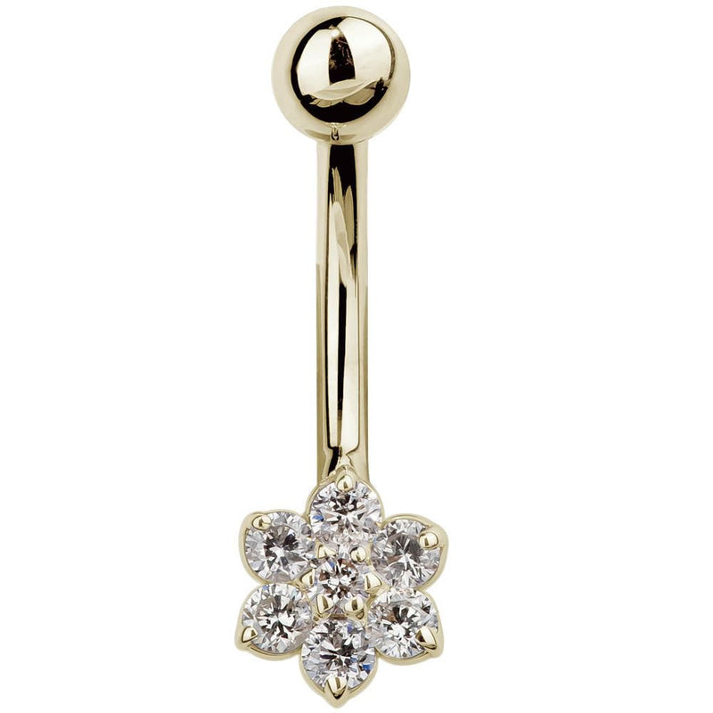 14k yellow gold diamond flower belly ring with 7-stone cluster setting, front view on white background