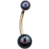 14k yellow gold belly ring with dual iridescent peacock pearls, angled front view