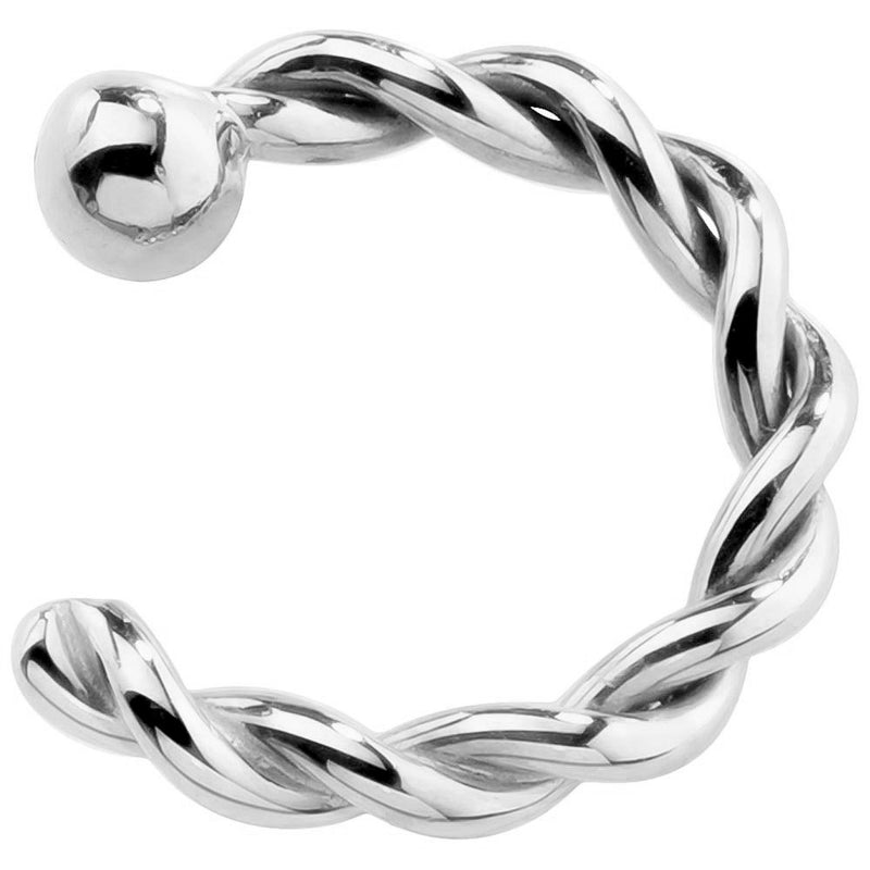 14K white gold twisted c-hoop nose ring with ball end, front view showing rope-twist texture