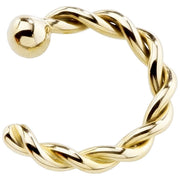 14K yellow gold twisted c-hoop nose ring with ball end, front view showing rope-twist detail