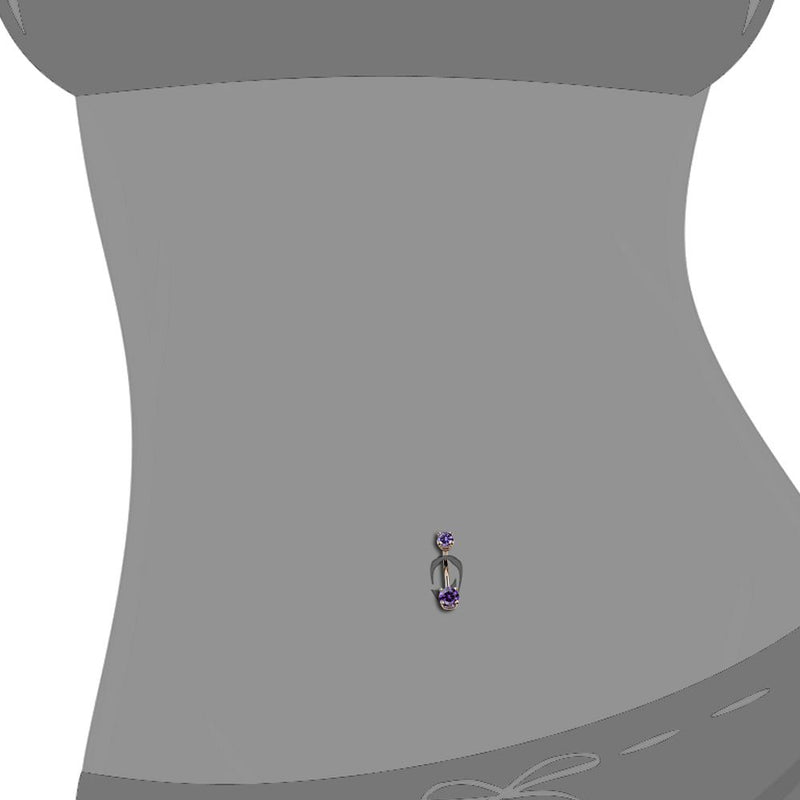 Double gem 14k gold belly ring with purple CZ shown in navel piercing on body model for fit reference
