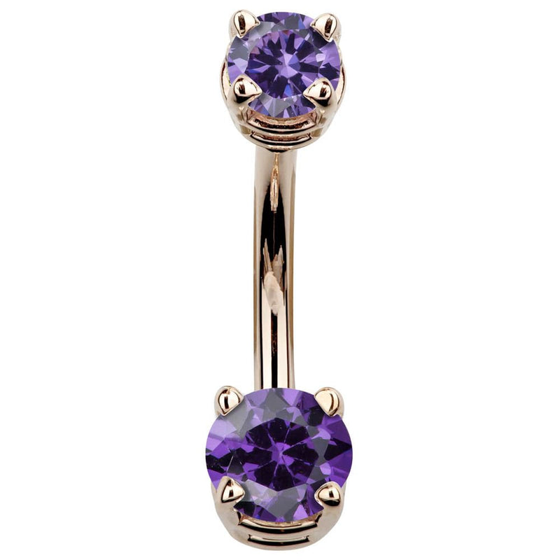 14k rose gold belly ring with deep purple CZ stones in prong settings, front view