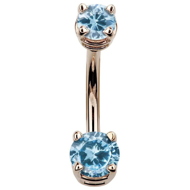 14k rose gold double gem navel ring with light blue CZ stones in claw settings, front view
