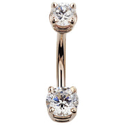 14k rose gold navel ring with two clear round CZ stones in prong settings, front view