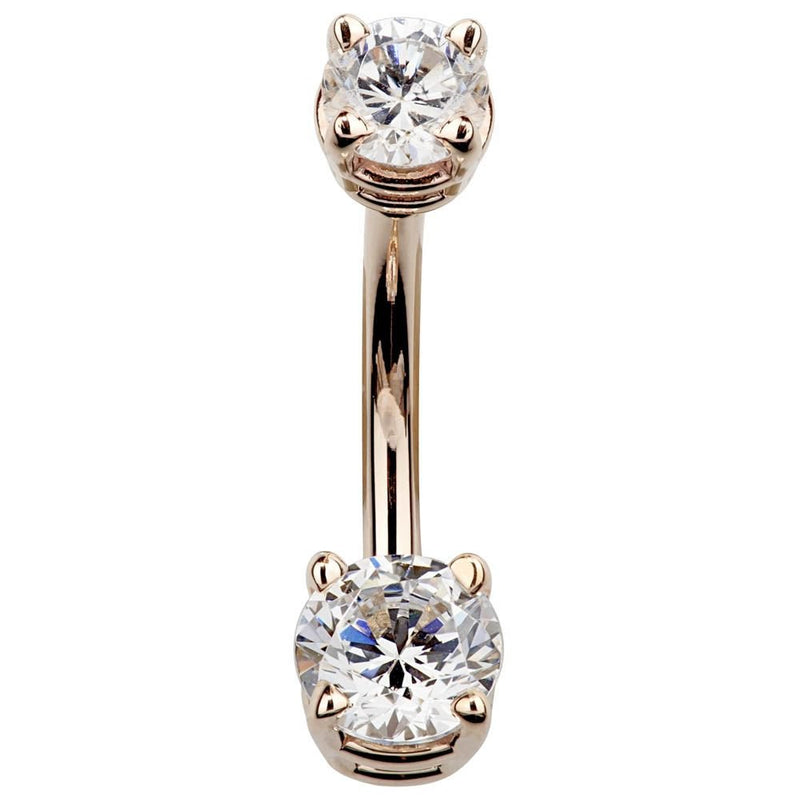 14k rose gold navel ring with two clear round CZ stones in prong settings, front view