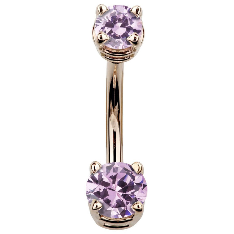 14k rose gold double CZ belly ring with soft pink stones complementing the warm rose gold tone