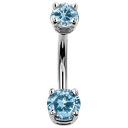 14k white gold belly button ring with light blue round CZ stones in prong settings, front view
