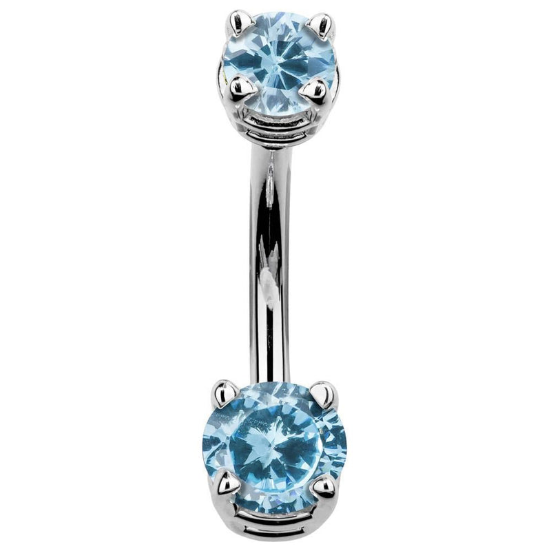 14k white gold belly button ring with light blue round CZ stones in prong settings, front view