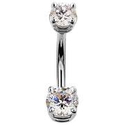 14k white gold double CZ belly ring with clear stones, polished curved barbell and claw settings