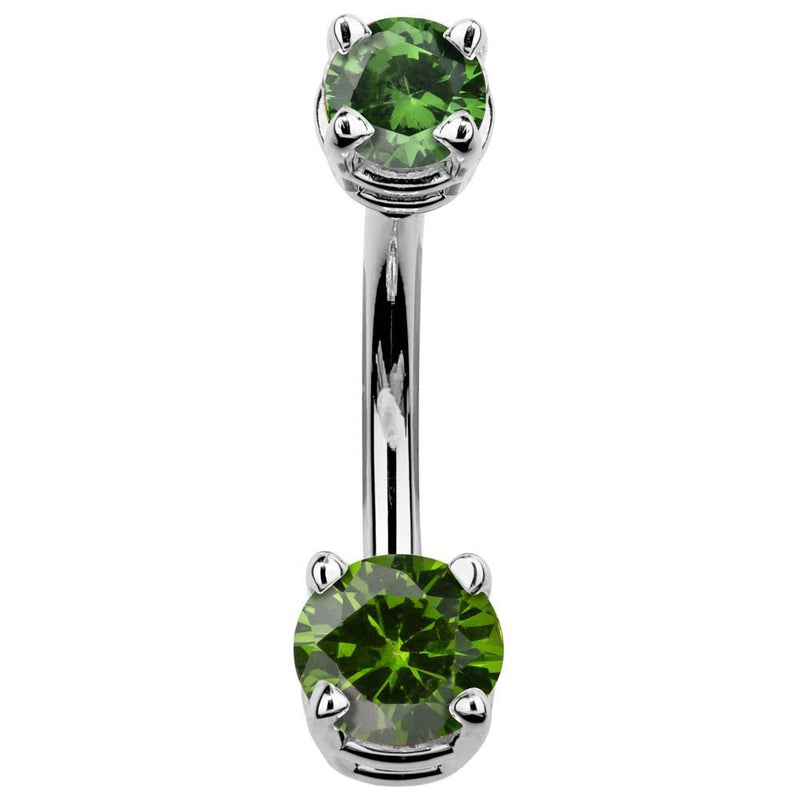14k white gold double belly ring with rich dark green CZ stones in claw settings, front view