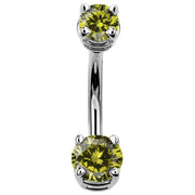 14k white gold navel ring featuring light green peridot-toned CZ stones in prong settings