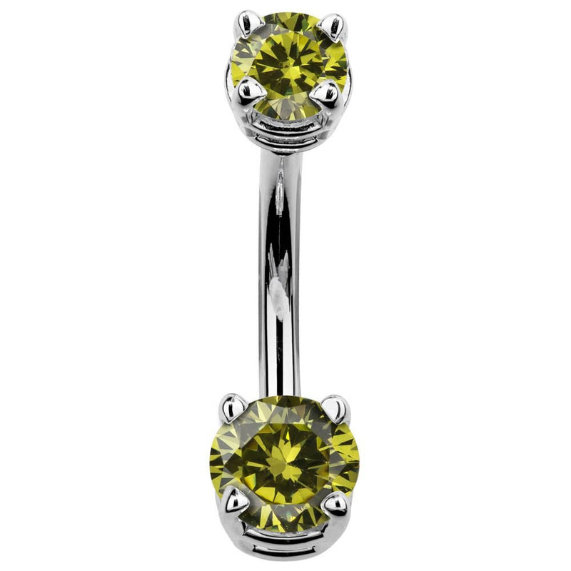 14k white gold navel ring featuring light green peridot-toned CZ stones in prong settings