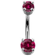 14k white gold double CZ navel ring with vibrant red stones in prong settings, front view